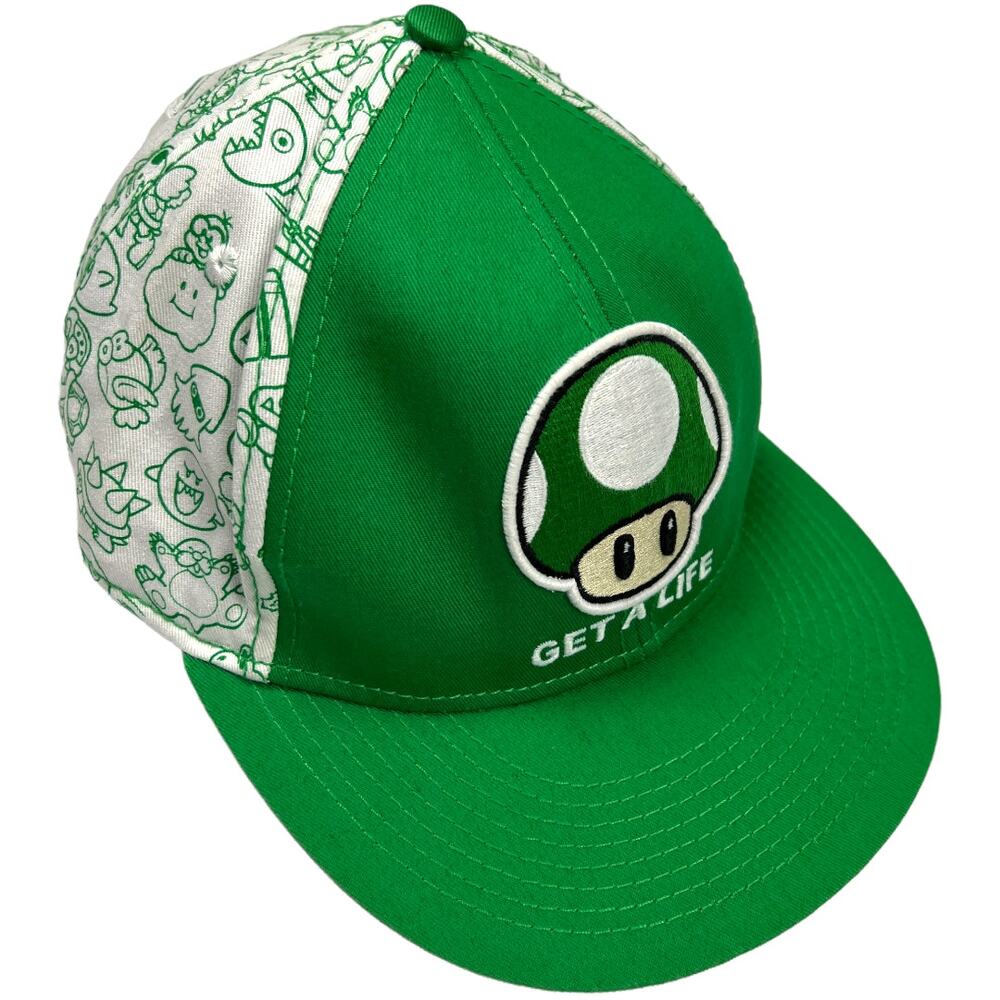 Super Mario Nintendo Hat Get a Life 1-Up Mushroom Fitted Flatbill Cap Size S/M